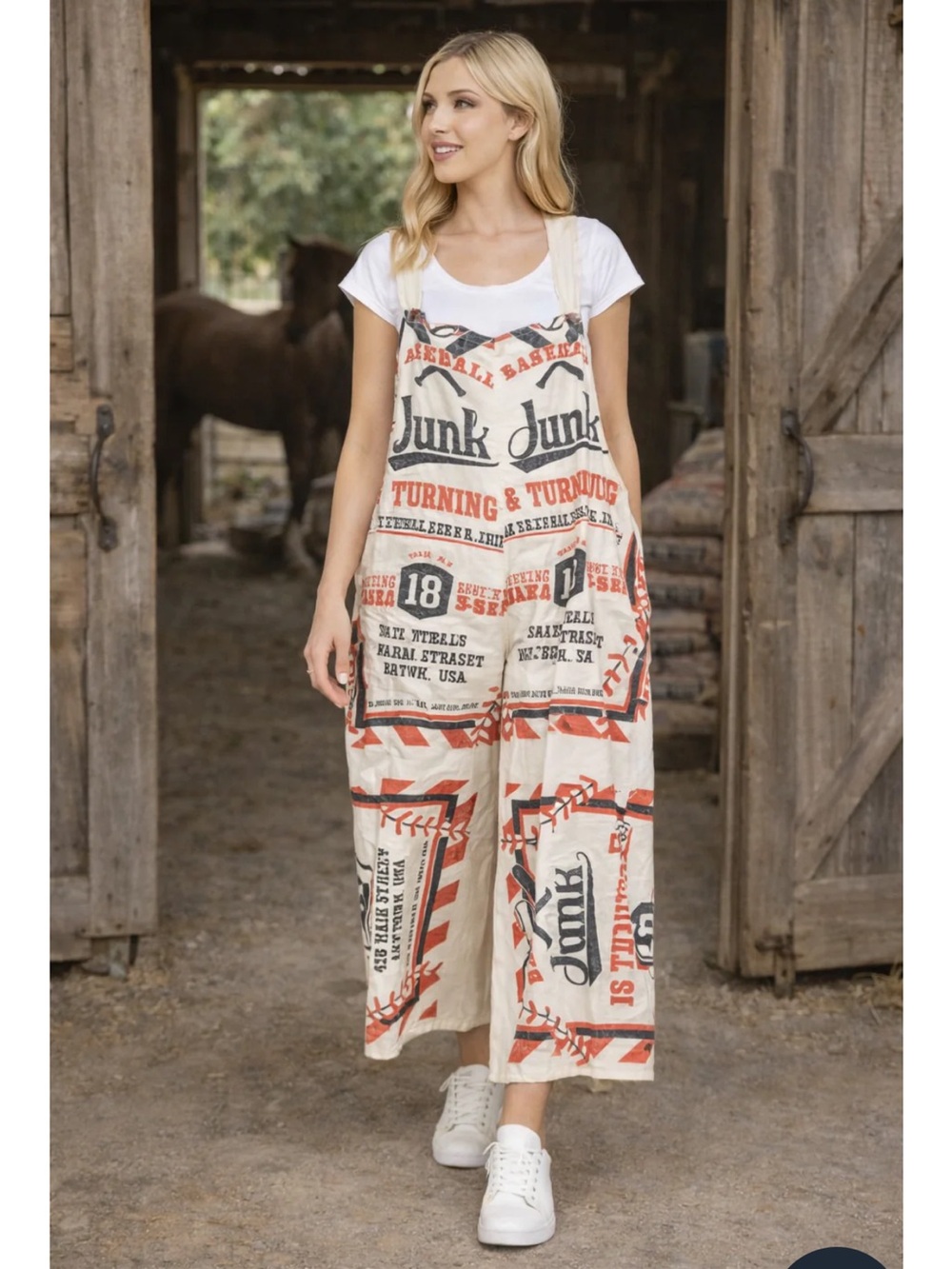 New: Junk Baseball Vintage Sack Wide Leg Cotton Jumpsuit With Straps• One Size